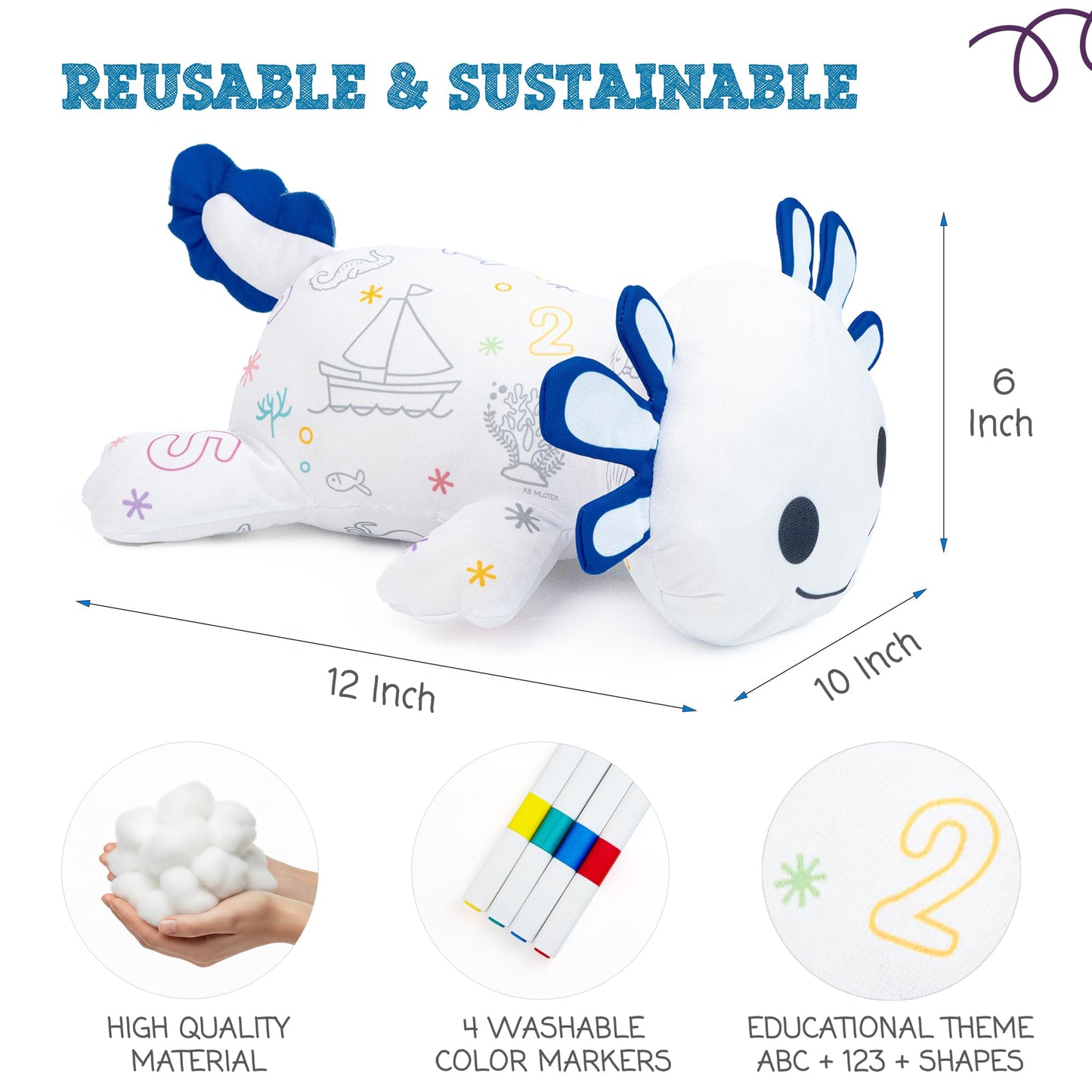 KB Mlotek Axolotl Coloring Plush Toy - Washable Doodle Stuffed Animal with Traceable Numbers & Letters - Color Me Plush Includes 4 Markers - Educational Reusable Draw on Stuffed Animal Doodle Doll