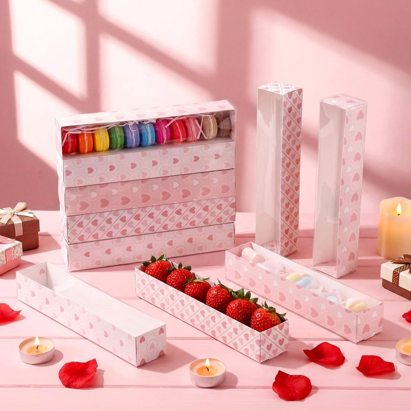 Reallnaive 30 Sets Mother's Day Chocolate Strawberries Boxes with Clear Window 30 Pcs Bakery Macaron Box 250 Pcs Paper Food Tray 4 Bags Raffia Gift for Mother's Day 12 x 2.2 x 2 Inch(Elegant Style)