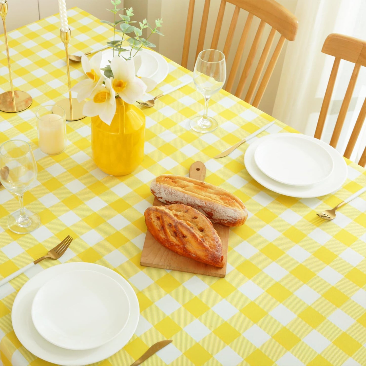 MANGATA CASA Yellow Gingham Tablecloth, Waterproof Checkered Table Cloth for Square Tables, Light Yellow 52x52in