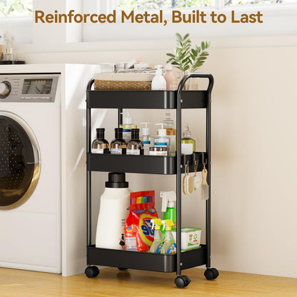 YASONIC 3-Tier Metal Rolling Cart, Sturdy Storage Utility Carts with Wheels, Multifunction Craft Art Organizer for Bedroom, Laundry, Garage, Office, Nursery, Bathroom, Easy Assembly (Black)