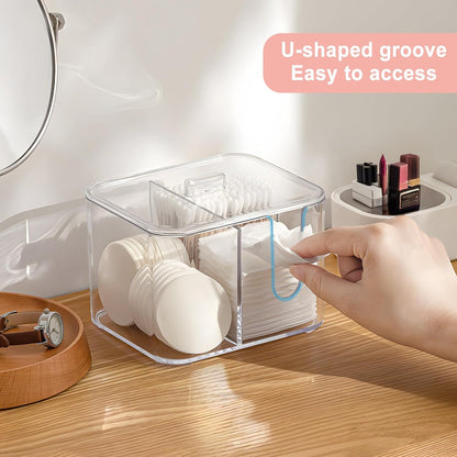 Qtip Holder - Clear Acrylic Cosmetic Items Storage Dispenser for Bathroom Vanity Countertop, 4 Compartments