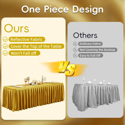 Dark Gold Satin Glitter Tablecloth for Rectangle Tables 6ft,Wrinkle Resistant Ruffles Shimmer Party Table Skirt,Washable 6FT Rectangle Table Cloth Skirt For Birthday,Baby Show,Party,Wedding,Banquet