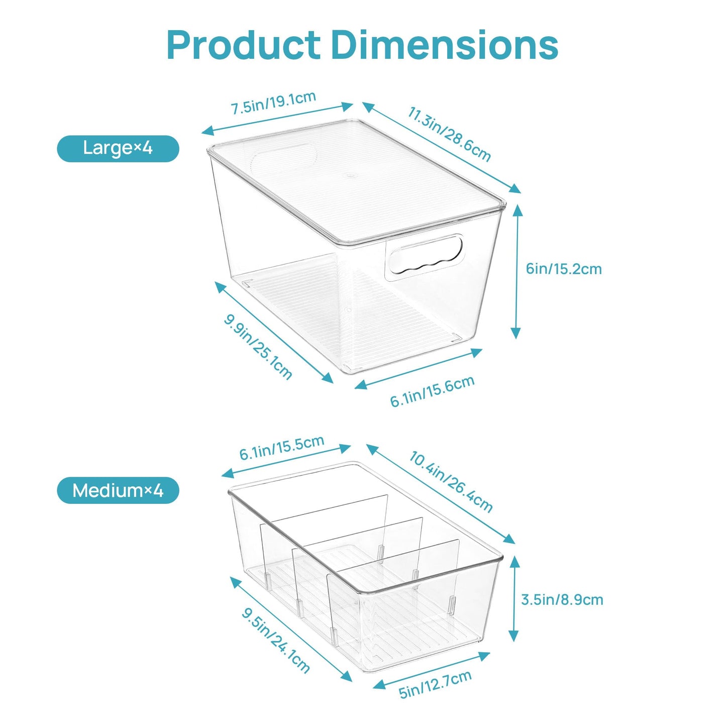 Vtopmart 8 Pack Clear Plastic Storage Bins Set, 4 Large Pantry Organizer Bins with Lids & Handles and 4 Medium Snack Organizer Bins with 4-Compartment for Pantry, Kitchen, Fridge, Cabinet Organization