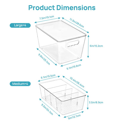 Vtopmart 8 Pack Clear Plastic Storage Bins Set, 4 Large Pantry Organizer Bins with Lids & Handles and 4 Medium Snack Organizer Bins with 4-Compartment for Pantry, Kitchen, Fridge, Cabinet Organization
