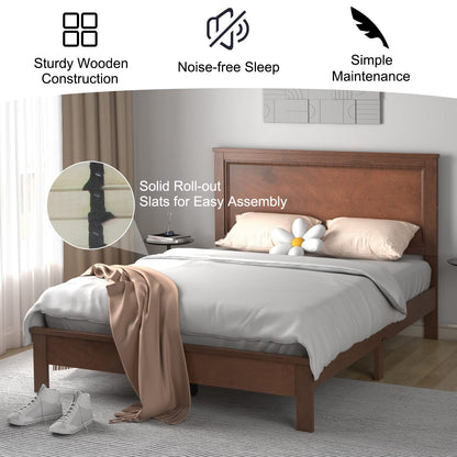 KOMFOTT Full Size Wood Platform Bed Frame with Headboard, Wooden Mid Century Platform Bed with Slat Support & Under Bed Storage, Mattress Foundation Bed Base, No Box Spring Needed, Walnut