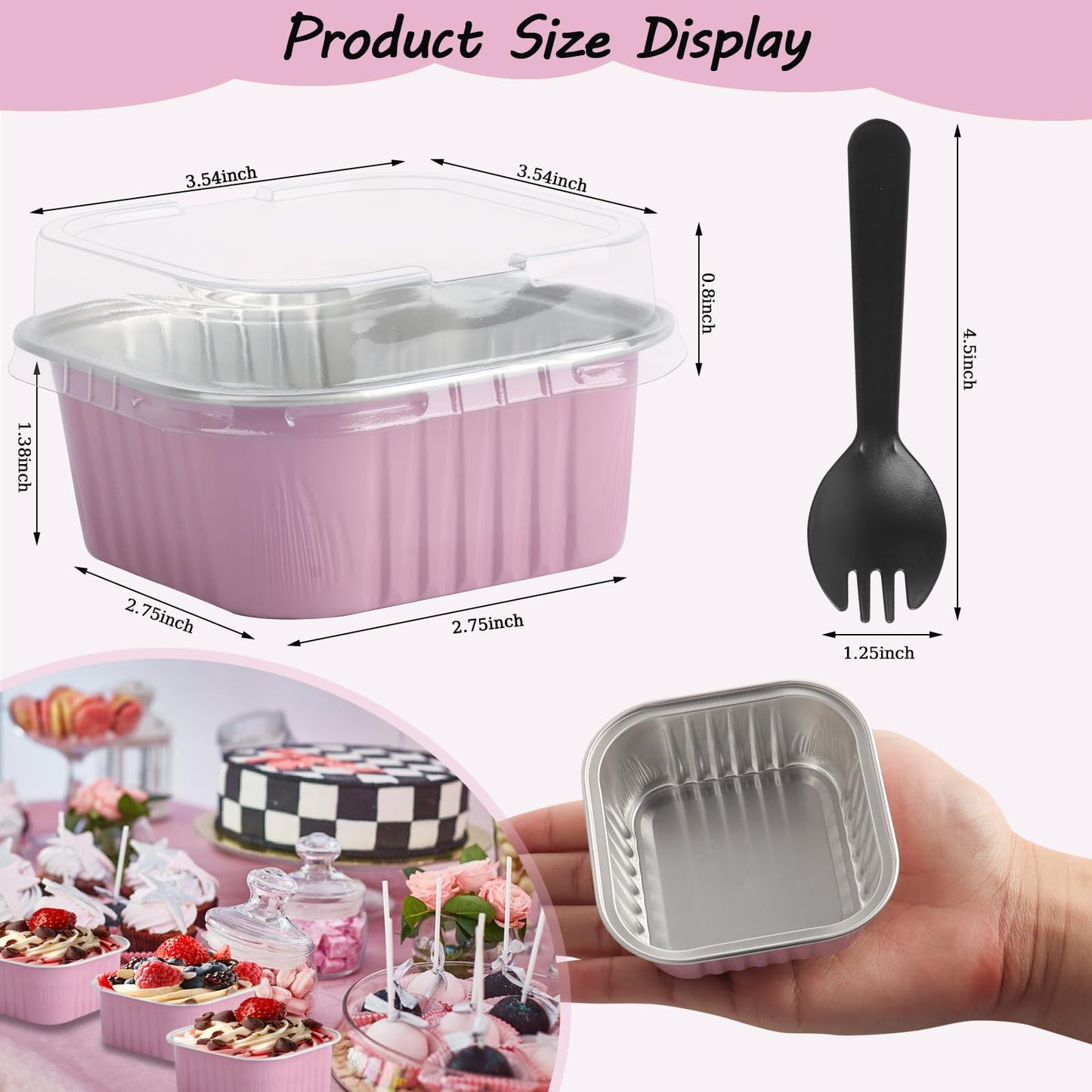 CXIIPOL 60 Pack Mini Square Cake Pans with lids and Spoons, 5 OZ Pink Disposable Ramekins Cake Pans, 3.5x3.5 Inch Aluminum Foil Baking Cups for Mother's Day, New Year, Anniversaries, Birthdays