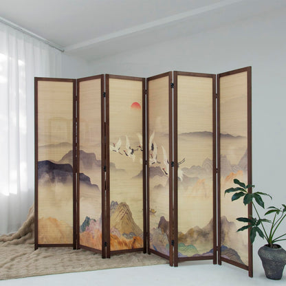 Furnnylane 6 Panel Bamboo Room Divider, 5.6 ft Tall Double-Sided Freestanding Folding Privacy Screen, Premium Thickened Wood Frame with Colorful Landscape Pattern for Home Office (67" H x 94.5" W)