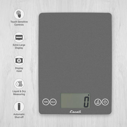 Escali Arti Glass Food Scale Digital Countertop Kitchen, Baking and Cooking Scale with Nutrition and Calorie Counter, 15-Pound Capacity, 9" x 6.5" x .75", Gray Storm