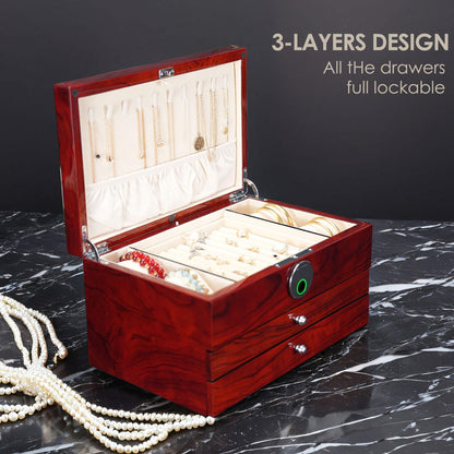 SYENS Wood Jewelry Box for Women, 3-layers Large Jewelry Storage Box&Organizer Fingerprint Lock, Drawers Full Locking, Mother Gifts (3L-RS)