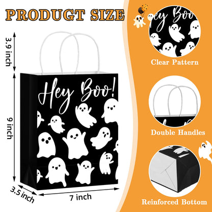 Chiisong 24 Pcs Halloween Hey Boo Ghost Paper Gift Bags with Handles Medium White Ghost Party Favor Bags for Halloween Home Table Party Supplies