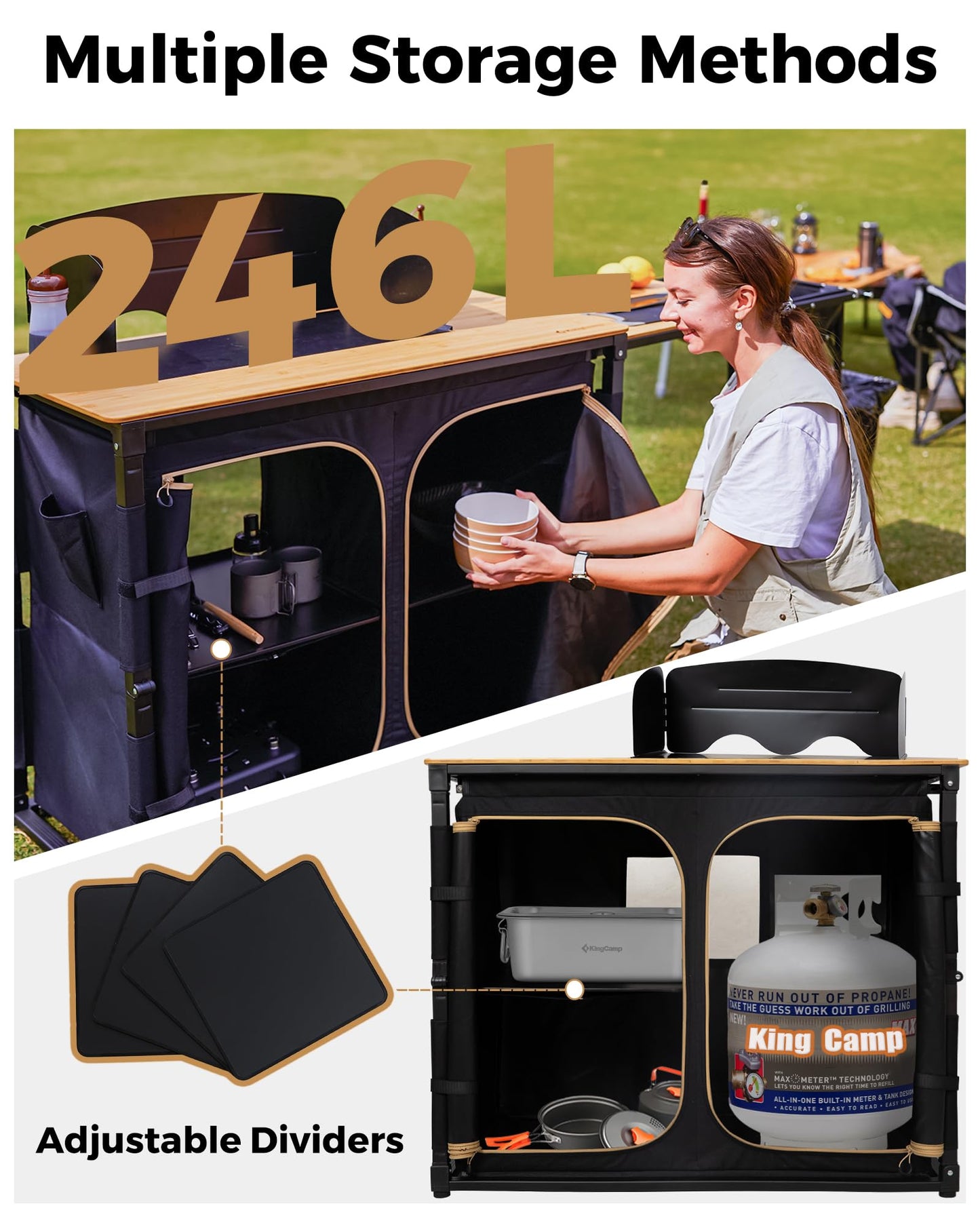 KingCamp Bamboo Camp Kitchen Table, Slide-Out Overland Table with 400L Storage, Portable Outdoor Prep Station with Sink, Windscreen & Lantern Pole for RV, Tailgating, BBQ