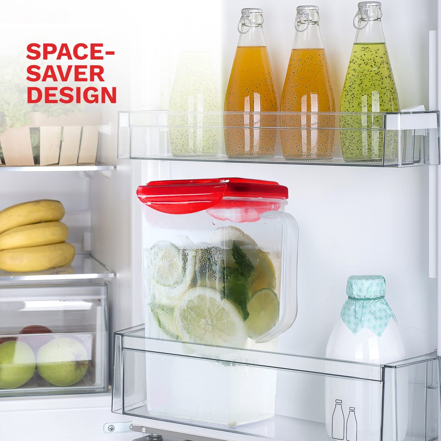 Red 50 Oz. Plastic Pitcher Set of 2 | Fridge Door Jug with Lid | Airtight Iced Tea Container