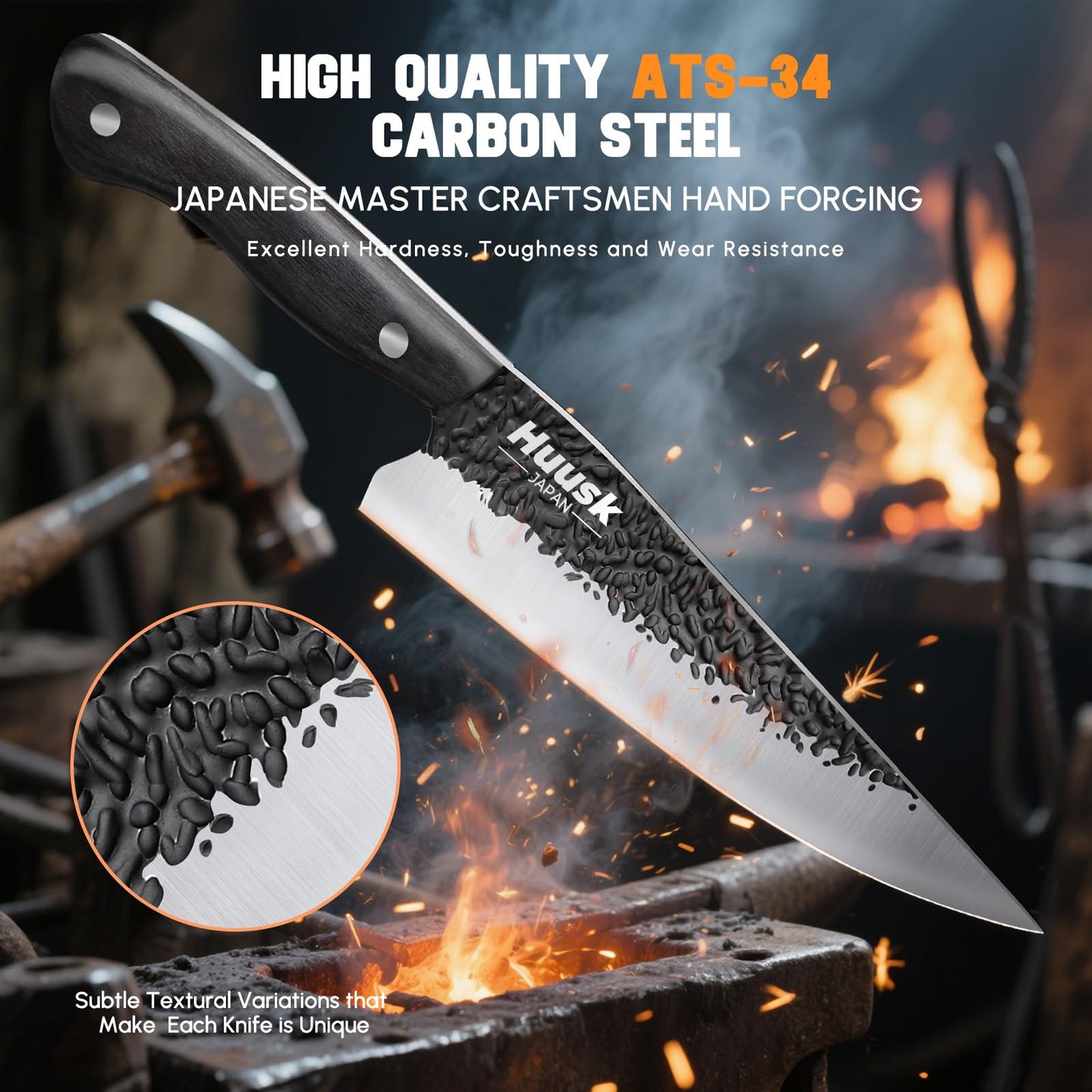 Huusk Chef Knife Japanese Kitchen - Hand Forged Viking Knife for Meat Cutting - Ideal Kitchen Knife Made From a Single Piece of High Carbon Steel Christmas Gift for Men and Women