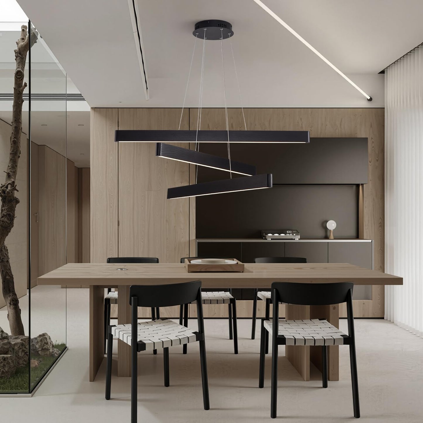 YISDESIGN 3-Light Solid Wood Black Linear Pendant Light - Dimmable Modern LED Chandelier for Dining Room Table Kitchen Island Living Room Ceiling - 45W Warm Light Adjustable Hanging Fixture Black