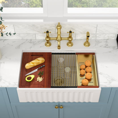 Sarlai White Farmhouse Sink - 33 Inch Farm Kitchen Sink Undermount Workstation Apron Front Reversible Ceramic Fireclay Single Bowl Farmer Sinks Basin 33 x 20 Inch With Gold Accessories