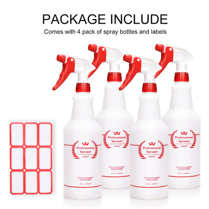 Uineko Plastic Spray Bottle (4 Pack, 32 Oz, All-Purpose) Heavy Duty Spraying Bottles Leak Proof Mist Empty Water Bottle for Cleaning Solution Planting Pet with Adjustable Nozzle and Measurements