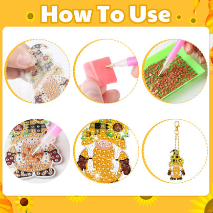 Outus 24 Pcs Gnome Diamond Drawing Keychains Kit Farmhouse Gnome Double Sided 5d for Diamond DIY Keychain Art Ornament for Beginners Adults Party Crafts DIY