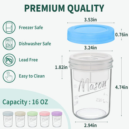 16 oz 6-Pack Xyptorix Overnight Oats Containers with Lids, Leak-Proof Wide Mouth Mason Jars & Separate Compartments