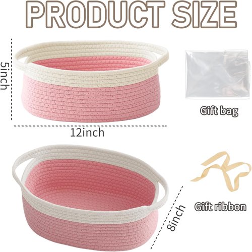 JMvicyroam Woven Basket - Small Rope Storage Bin with Handles & Ribbon Bag | White & Pink, 2-Pack for Organizing Shelves and Closets