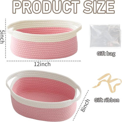 JMvicyroam Woven Basket - Small Rope Storage Bin with Handles & Ribbon Bag | White & Pink, 2-Pack for Organizing Shelves and Closets