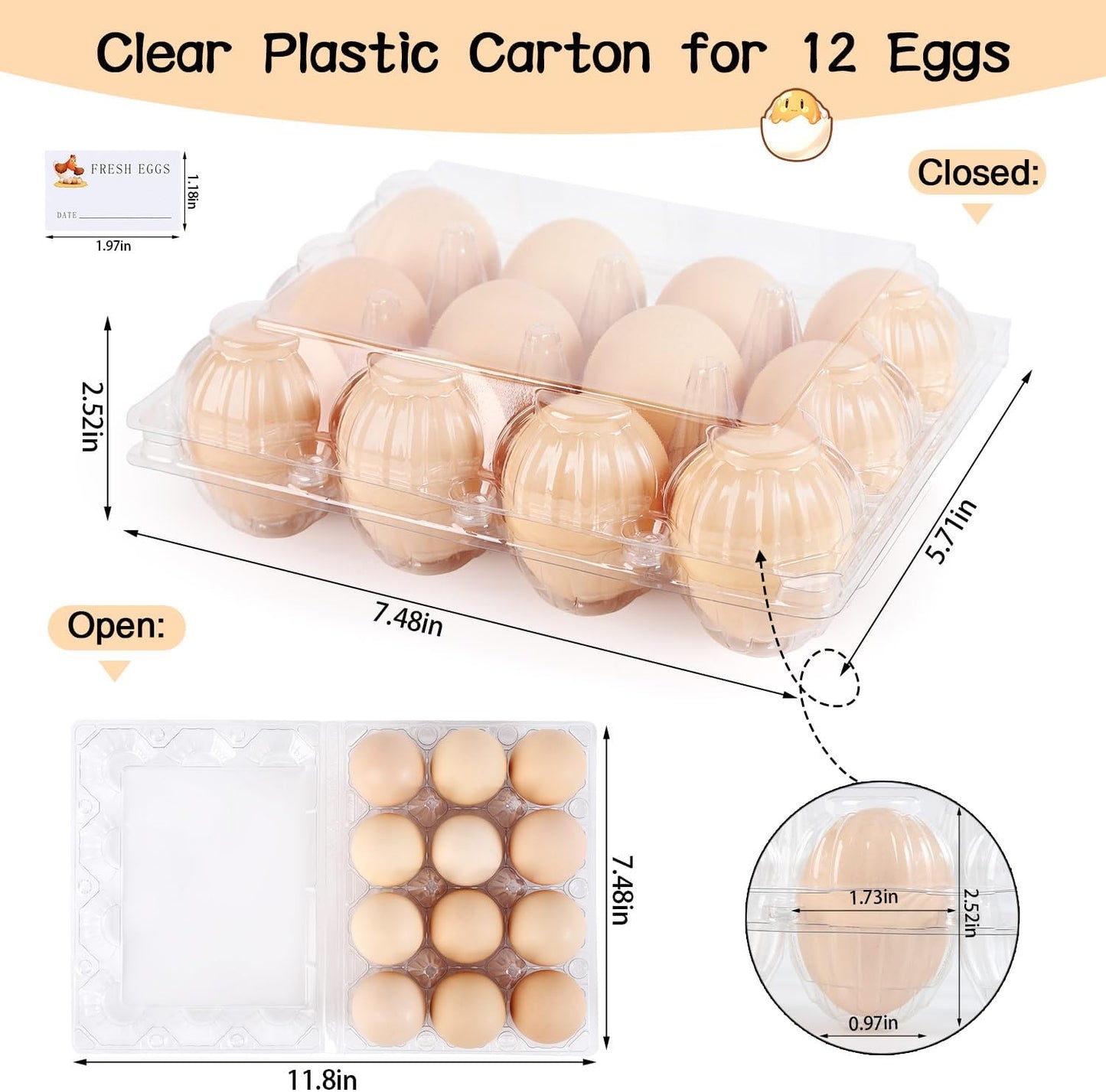 Egg Cartons 80 Pieces, Clear Plastic Reusable Egg Tray Container Holder for 12 Count Eggs, Bulk Storage with Sticker