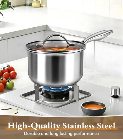 Stainless Steel Saucepan Set with Lids 1.5QT & 2.2QT, Tri-Ply Stainless Steel Sauce Pot Set, Induction Saucepans, 4 Pcs Nonstick Saucepans Cookware Set, Dishwasher Safe