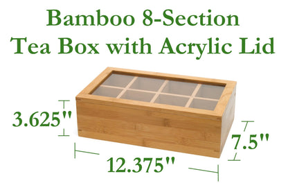 Lipper International Bamboo Wood Tea Box with Clear Lid, 8 Compartments, 12-1/2" x 7-1/2" x 3-5/8"