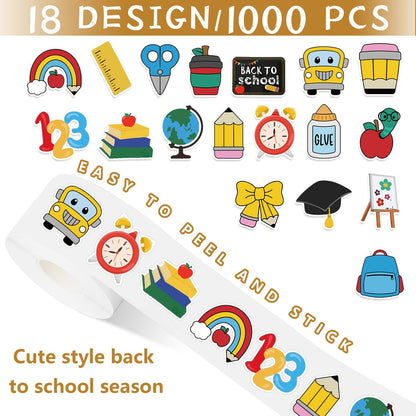 FYSUIMU 1000 Pcs Back to School Stickers Roll 18 Designs School Bus Apples Pencil Seal Stickers Self-Adhesive Label Decals for Craft Scrapbook Bottle Envelope Card Party Favor Decor