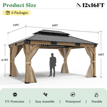 AMERLIFE 12' x 16' Heavy Duty Hardtop Gazebo with Double Metal Roof, Wood Gazebo with Privacy Curtains & Mosquito Netting, Outdoor Pavilion for Backyard, Garden & Patio, Brown
