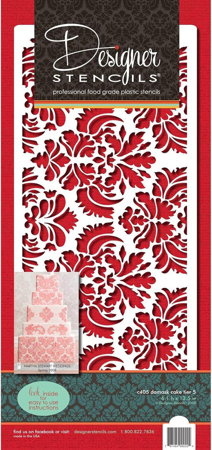 Designer Stencils C405 Damask Cake Tier, 5 Cake Stencil, Beige/semi-transparent, 3.1" x 13.5"