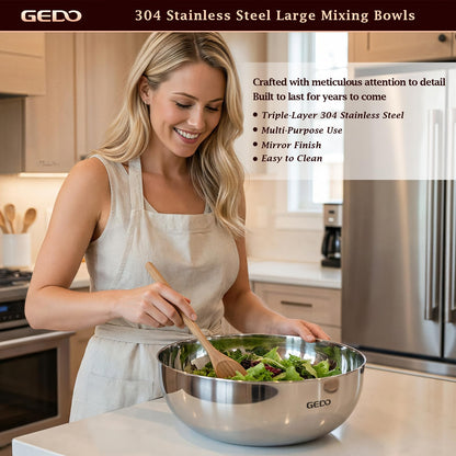 GEDO Triple-Layer 304 Stainless Steel Mixing Bowl, All Stovetop Compatible Deep Large Capacity Bowl with Non-Stick Mirror Polished Interior for Kneading Dough, Baking, Cooking (11in / 28cm)