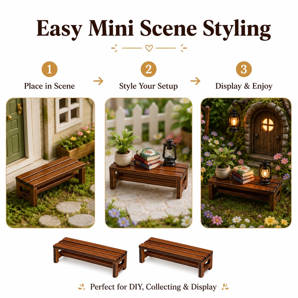 DECHOUS 2 Pack Miniature Wooden Bench for Dollhouse Furniture - Fairy Garden Bench Dollhouse Accessories for Doll House Garden Park Decoration