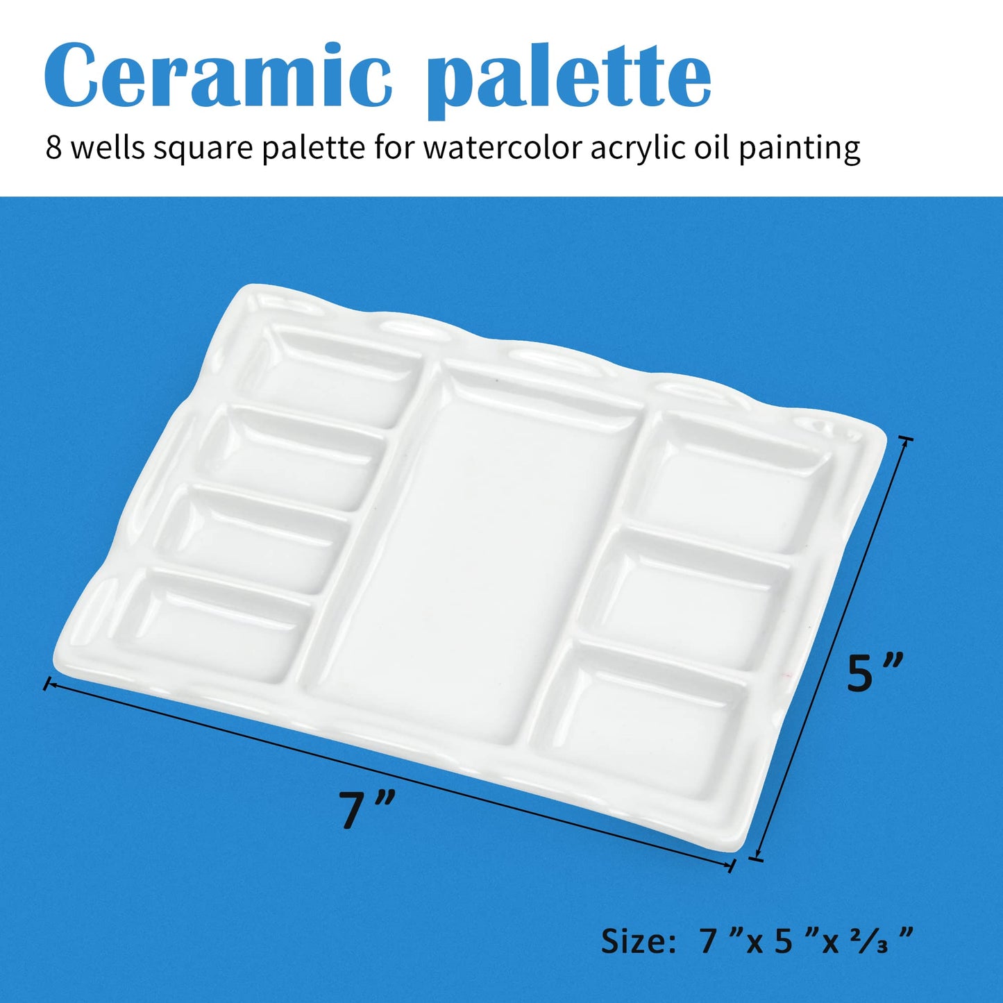 Falling in Art Artist Ceramic Palette, 8 Well Rectangle Porcelain Watercolor Paint Palette for Watercolor Gouache Acrylic Oil Painting, 7-Inch