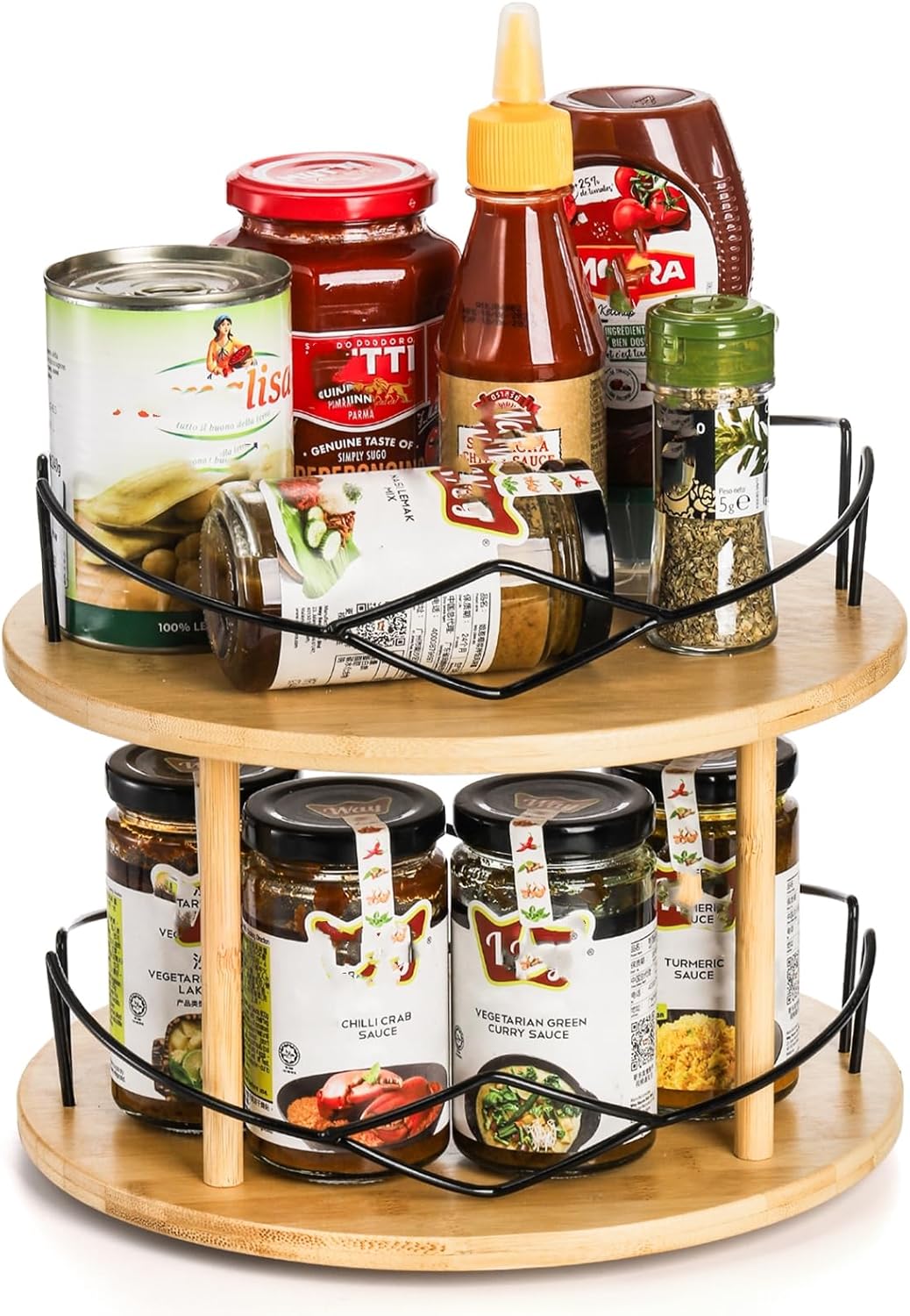 Yopay Lazy Susan Organizer 2 Tier, Bamboo Rotating Spice Rack for Kitchen Countertop, Spinning Makeup Turntable (11