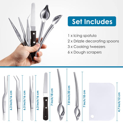 Patelai 12 Pcs Chef Plating Tools Plating Drizzle Spoons Cooking Tweezers Culinary Precision Stainless Steel Drawing Spoons Plastic Dough Scrapers Wood Icing Spatula for Chef Cake Candy Decorating