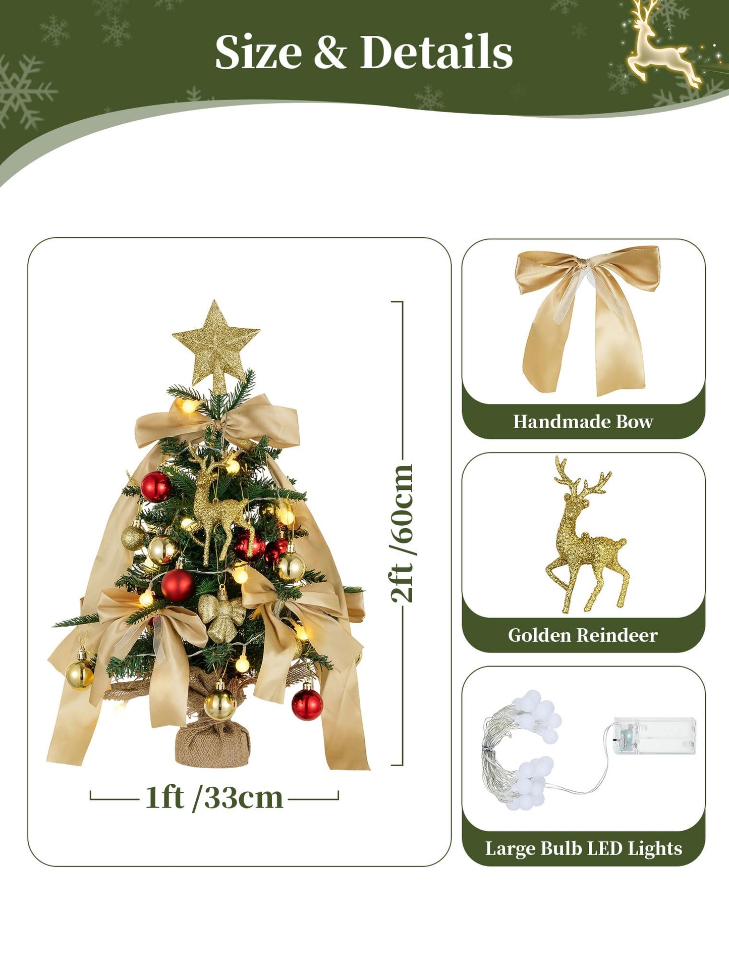 BLOSMON Small Christmas Tree with Lights: 2ft Mini Table Top Christmas Tree with 25 LEDs Timer Gold Ribbon Bow Reindeer for DIY- Lighted Artificial Xmas Trees for Home Office Desk