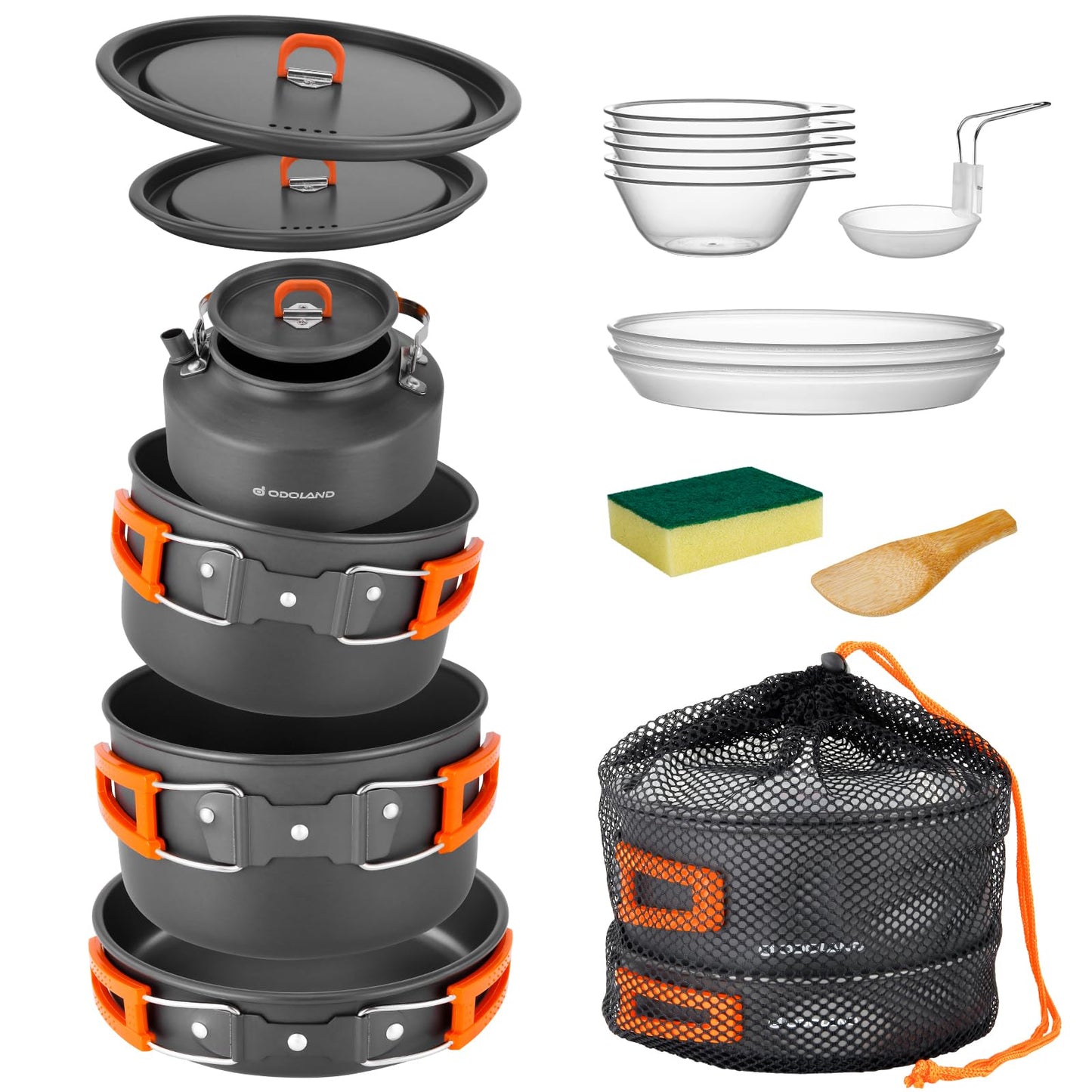 Odoland 15pcs Camping Cookware Non-Stick Lightweight Camping Pots and Pans Set with Kettle Plastic Plates Bowls Soup Spoon for Camping, Backpacking, Outdoor Cooking and Picnic (15PCS w/Kettle)