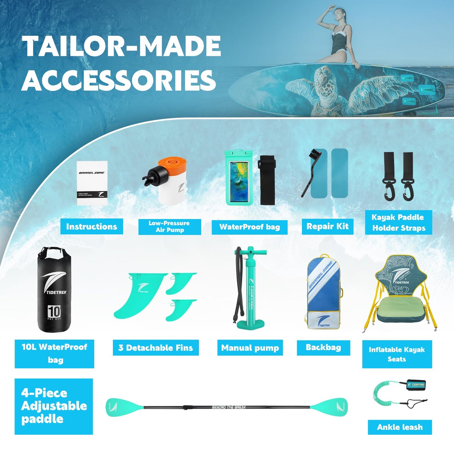 TIDETREK 11'/11'6" x 33"/34" x 6" Inflatable SUP Paddle Board – Extra-Wide, Stable Stand Up Paddle Board with Premium Full Accessory Set for Adults & Youth (Blue Turtle/Kayak Seat, 11'x33 x6)