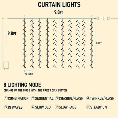Dazzle Bright 300 LED Curtain String Lights - Waterproof Fairy Lights with 8 Modes | White Decor for Bedroom, Party & Wedding