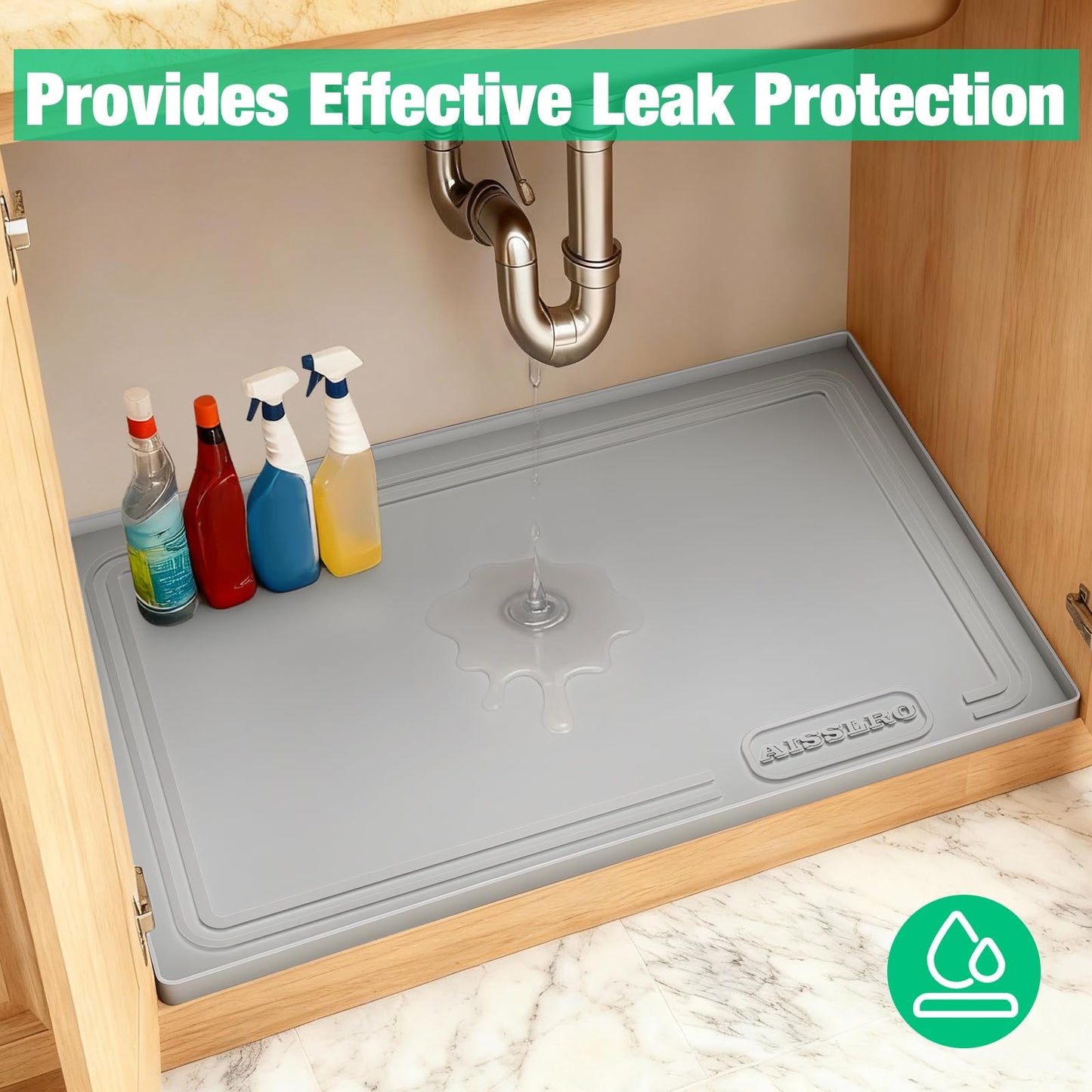 Aisslro Under Sink Mat 22" X 19", Waterproof Silicone Cabinet Organizer Protector with Raised Edge, Kitchen & Bathroom Leak Tray, Shelf Liner & Pet Feeding Mat for Dog Cat Food Mats, Gray