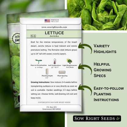 Packet (1) Sow Right Seeds - Jericho Lettuce Seeds for Planting - Non-GMO Heirloom with Instructions to Plant a Home