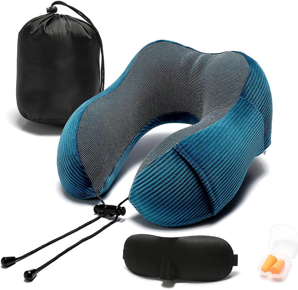 Memory Foam Neck Pillow with 360-Degree Head Support, Lightweight Travel Airplane Pillow with Storage Bag for Sleeping,
