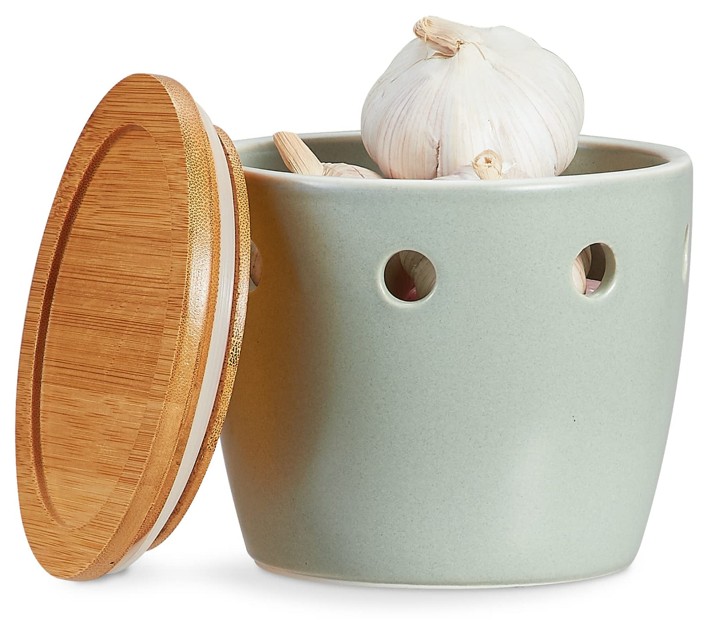 ONEMORE Large Garlic Keeper with Lid, Ceramic Garlic Saver 5 inch, Garlic Keeper for Counter, Light Green