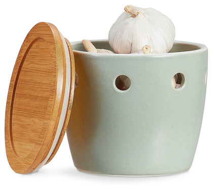 ONEMORE Large Garlic Keeper with Lid, Ceramic Garlic Saver 5 inch, Garlic Keeper for Counter, Light Green