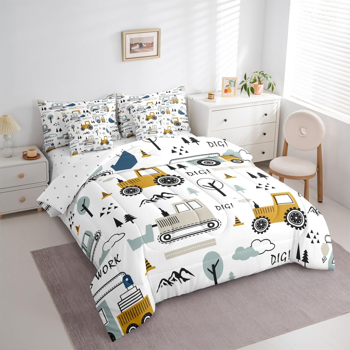 Set 7 Set Set Feelyou Cartoon Car Kids Comforter with Sheets Piece Twin Size Construction Bedding Boys Decor Equipment