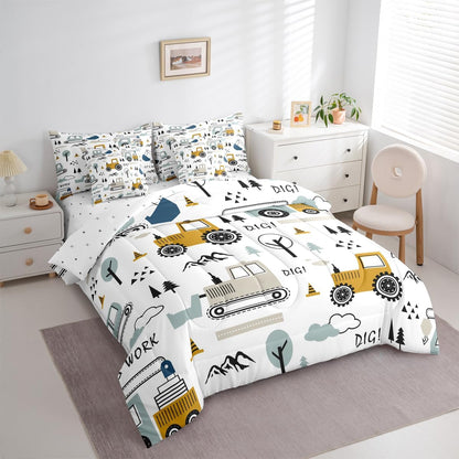 Set 7 Set Set Feelyou Cartoon Car Kids Comforter with Sheets Piece Twin Size Construction Bedding Boys Decor Equipment