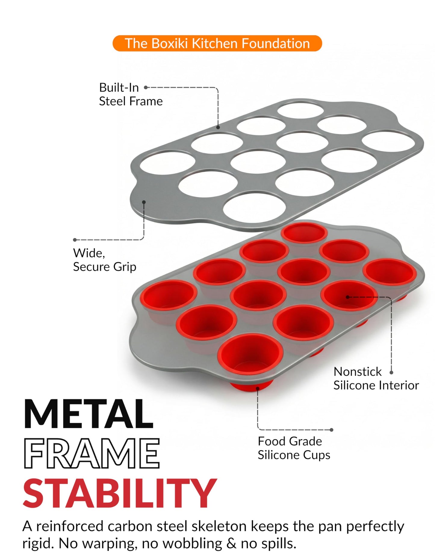 Boxiki Kitchen Non-Stick 12 Cup Silicone Muffin Pan with Steel Frame - BPA Free, Non-Toxic, Anti-Warp, Durable & Easy to Pop Silicone Muffin Tin - Perfect Cupcake Pan