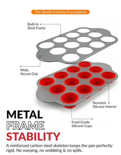 Boxiki Kitchen Non-Stick 12 Cup Silicone Muffin Pan with Steel Frame - BPA Free, Non-Toxic, Anti-Warp, Durable & Easy to Pop Silicone Muffin Tin - Perfect Cupcake Pan