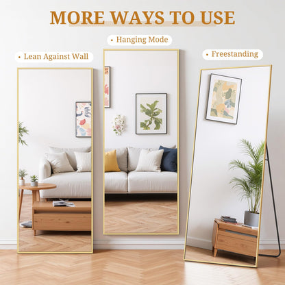 Accver Full Length Mirror 71"x26" Full Body Mirror Rectangle Free Standing Wall Mounted Leaning Floor Mirrors with Stand Aluminum Alloy Frame for Bedroom Cloakroom, Gold