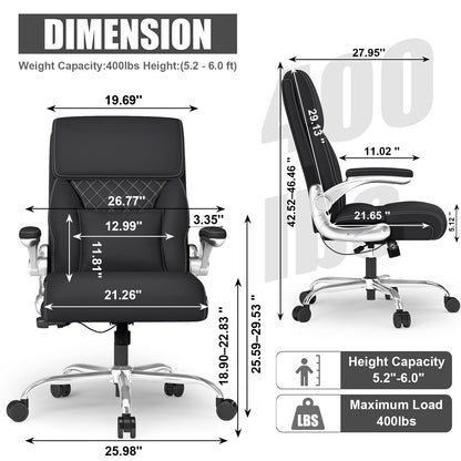 Ergonomic Leather Office Chair with Adjustable Lumbar Support, Flip-Up Armrests Desk Computer Chair, Swivel PC Chair with Rocking Function